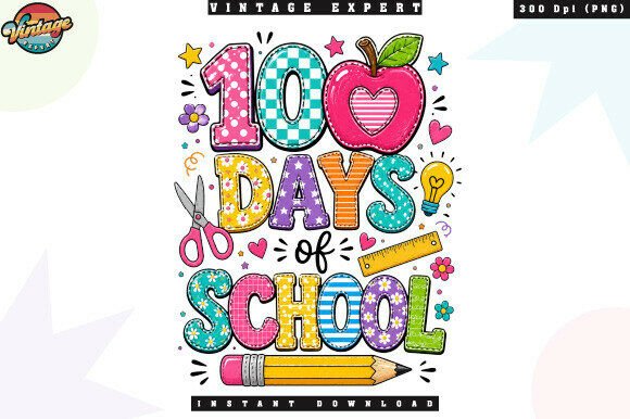 100 Days of School Retro Patchwork PNG