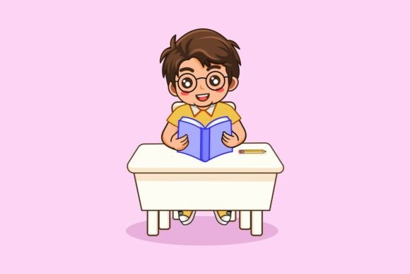 Cute Boy Sitting at Desk Reading Book