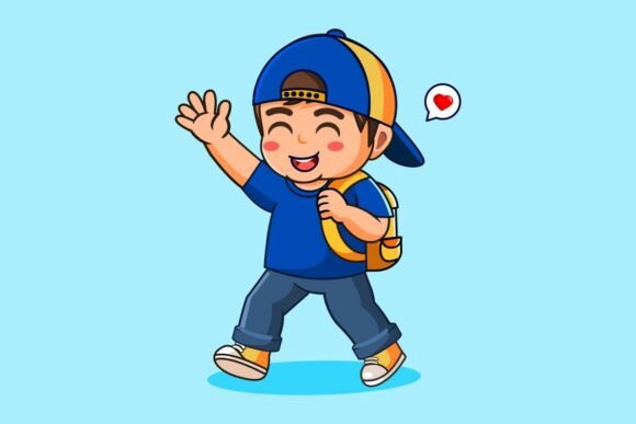 Cute Happy School Boy Waving Hand: A Kawaii Vector Asset for Creators