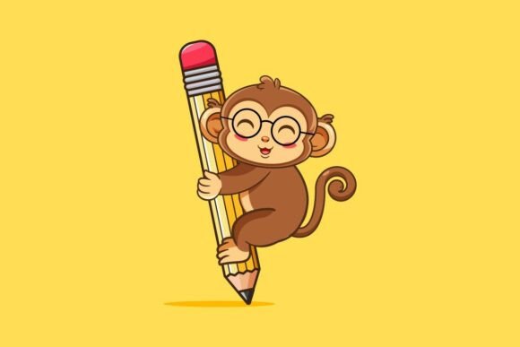 Cute Monkey with Glasses Hugging Pencil