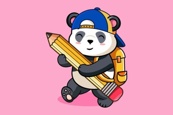 Cute Panda with Backpack and Pencil