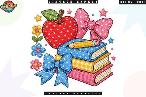 Cute Teacher Books Bow Patchwork PNG for School Designs