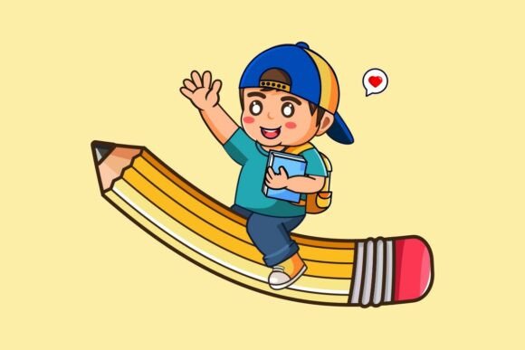 Happy Boy Student Riding on Pencil