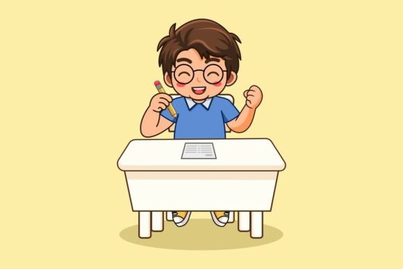 Happy Boy Student Studying at Desk with Pencil Vector Illustration Cartoon Kawaii Back To School