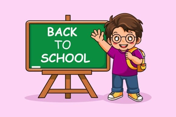 School Boy Waving Hand on Chalk Board
