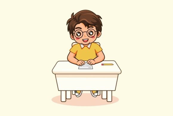 The Perfect Visual for Learning: Cute Boy Student Sitting at Desk Studying Cartoon Vector Illustration
